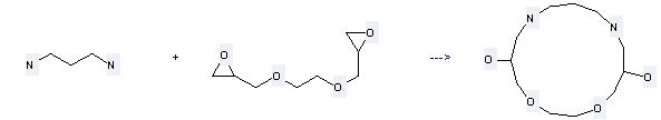 Bis(1,2-epoxypropylether)ethanediol can be used to produce 1,4-dioxa-8,12-diaza-cyclopentadecane-6,14-diol by heating
